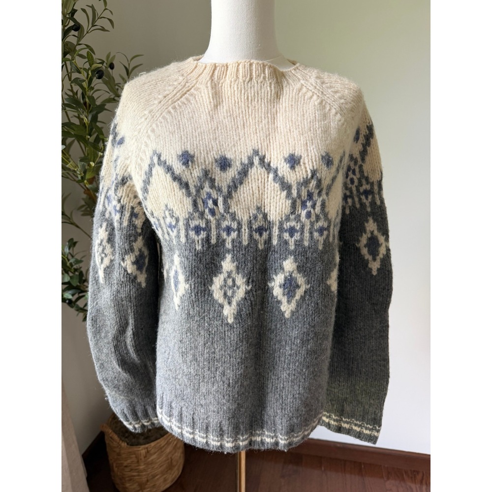 J.Crew Hand Knit 100% Wool Fair Isle Nordic Sweater Medium Gray Cream Blue
